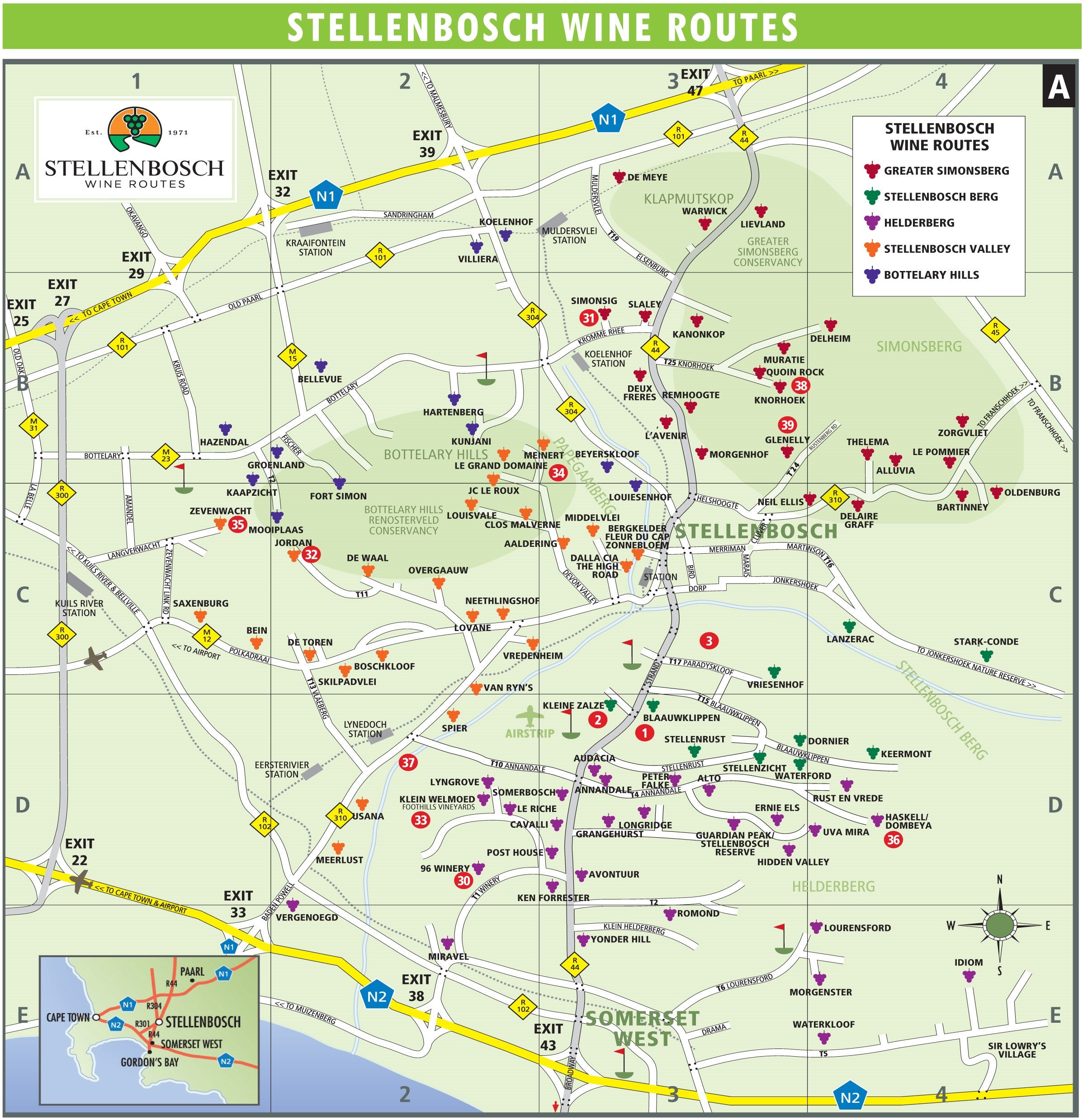 Die Stellenbosch Wine Route - Karte zeigt die verschiedenen Weingüter und Anbaugebiete in der Umgebung