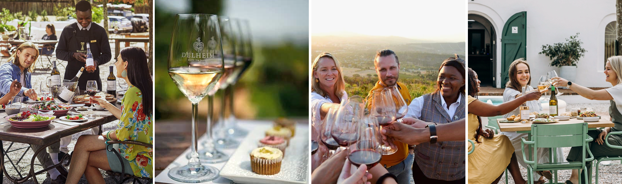 Vier Impressionen von Weinproben bei südafrikanischen Weingütern