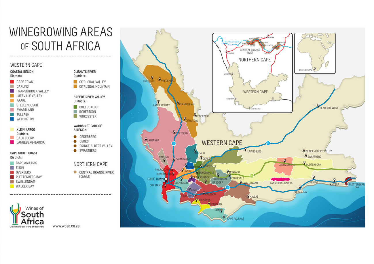Karte mit den Weinanbau-Regionen im Western Cape, Südafrika